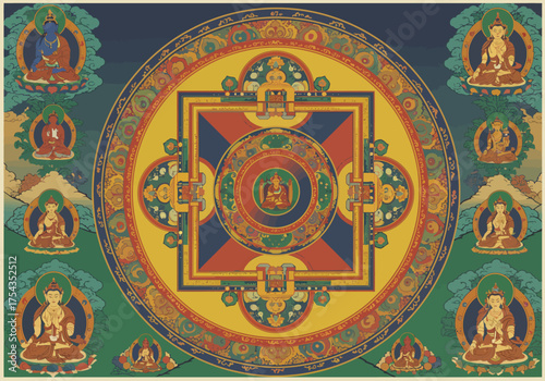Intricate Tibetan Buddhist Mandala with Meditating Figures and Geometric Patterns.