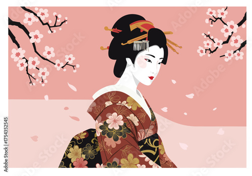 Elegant Geisha in Floral Kimono with Cherry Blossoms.
