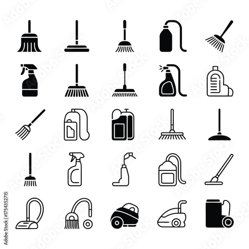 Collection of cleaning tools and equipment icons for household chores
