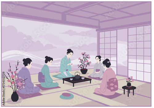 Traditional Japanese Tea Ceremony with Women in Kimonos.