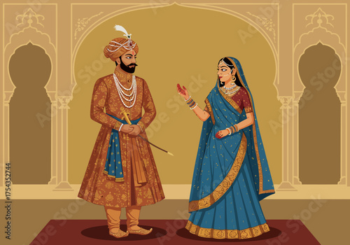 Mughal Emperor and Empress in Traditional Attire Illustration.