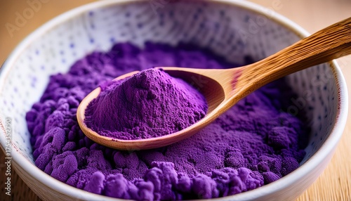 Close Up Of Purple Sweet Potato Powder Also Known As Ube Powder On A Brown Wooden Spoon In White Japanese Style Bowl Bright And Soft Natural Lighting Generated Image