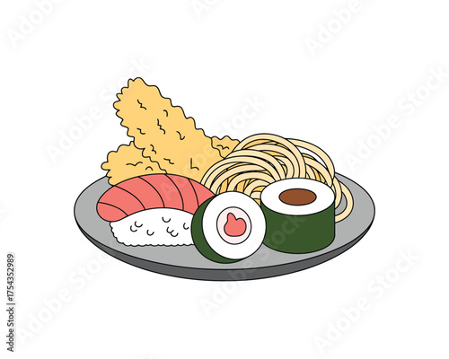 Delicious japanese food platter with sushi tempura and noodles