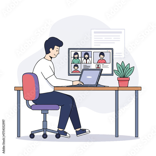 Student views virtual classroom on laptop, teacher and classmates visible, sits at desk with plant, a simplified 2D flat vector illustration of online education.