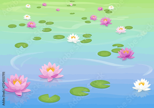 Serene illustration of water lilies floating on a tranquil pond from an aerial viewpoint