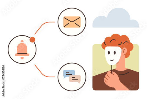 Masked person holding identity facade connected to email, notification bell, and messages. Ideal for privacy, anonymity, online interaction, communication, digital persona, virtual identity simple