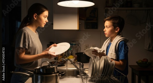 Young woman and boy doing evening chores, washing and drying dishes together in a warm kitchen