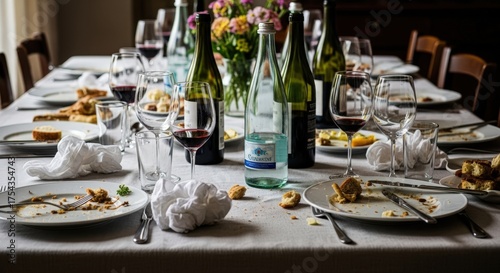 Dirty plates, wine bottles, glasses on messy dining table after a dinner party at home