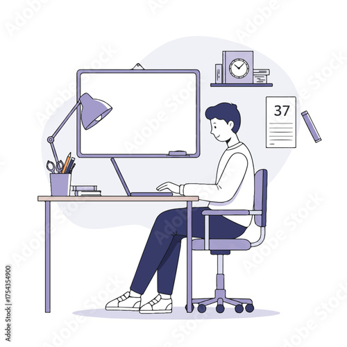 Young student learning online lesson on laptop at desk in room, with school supplies and a whiteboard, a clean 2D flat vector illustration on a white background.