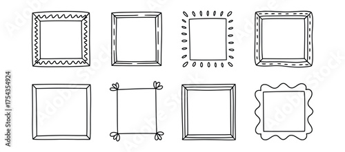 Collection of eight hand drawn rectangular frames and borders in a simple sketchy doodle style