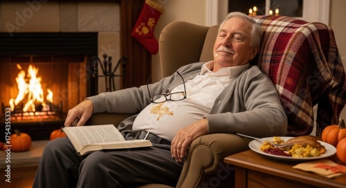 Senior man napping in comfortable armchair by warm fireplace after big holiday meal at home in evening