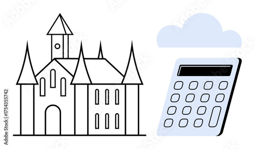 Gothic-style castle beside a digital calculator under a cloud. Ideal for finance, budgeting, heritage, modernization, technology, education, or innovation themes. Simple flat metaphor