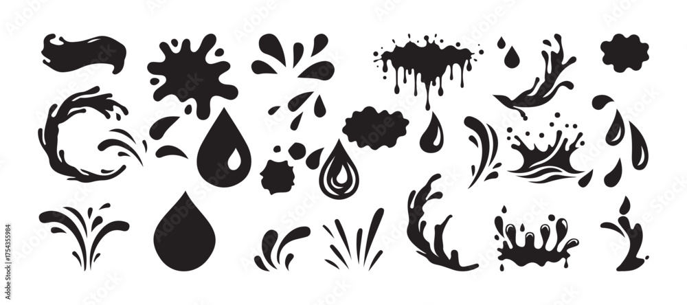 Fototapeta premium Black water drops vector. water splash, drop, and wave silhouettes. illustration eps 10