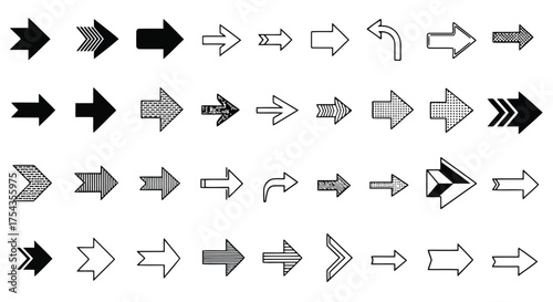 Vector illustration of collection of various arrow icons in different styles and directions on a