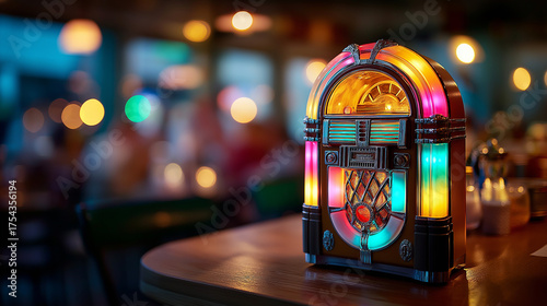 Classic jukebox glowing in dim café, colorful lights and chrome reflections, 1960s retro vibe, music nostalgia, pop culture heritage, dancing spirit, analog technology, joyful memo