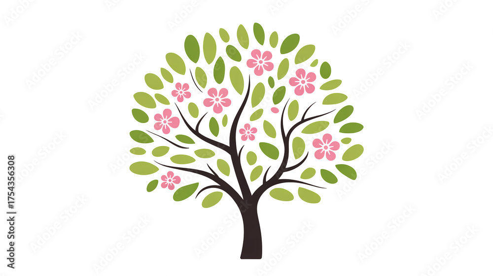 Fototapeta premium Minimalist spring tree illustration, dark brown trunk, delicate branches, serene composition
