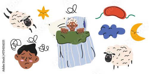 Problem of insomnia, obsessive thoughts and psychological problems. Sleep problems stickers in cartoon groovy style. Hand drawn vector illustration