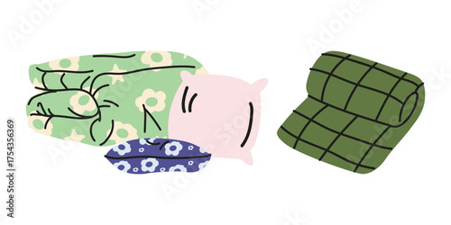 Set of pillows and blankets. Bed linen in cartoon flat style. Trendy good night vector illustrations in retro doodle style