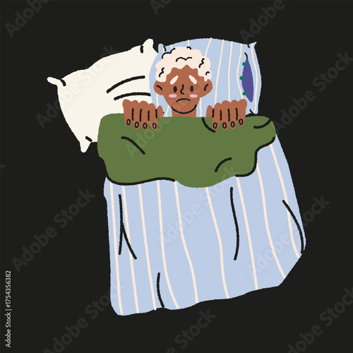Problem of insomnia, obsessive thoughts and psychological problems. Sleep problems stickers in cartoon groovy style. Hand drawn vector illustration