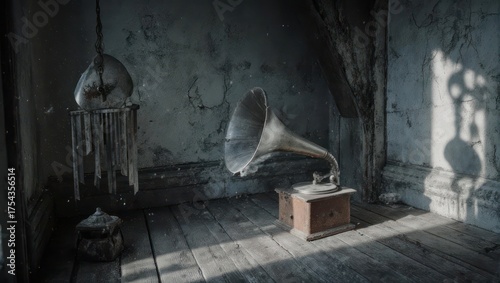 Eerie Room with Antique Gramophones and Shadowy Figure.