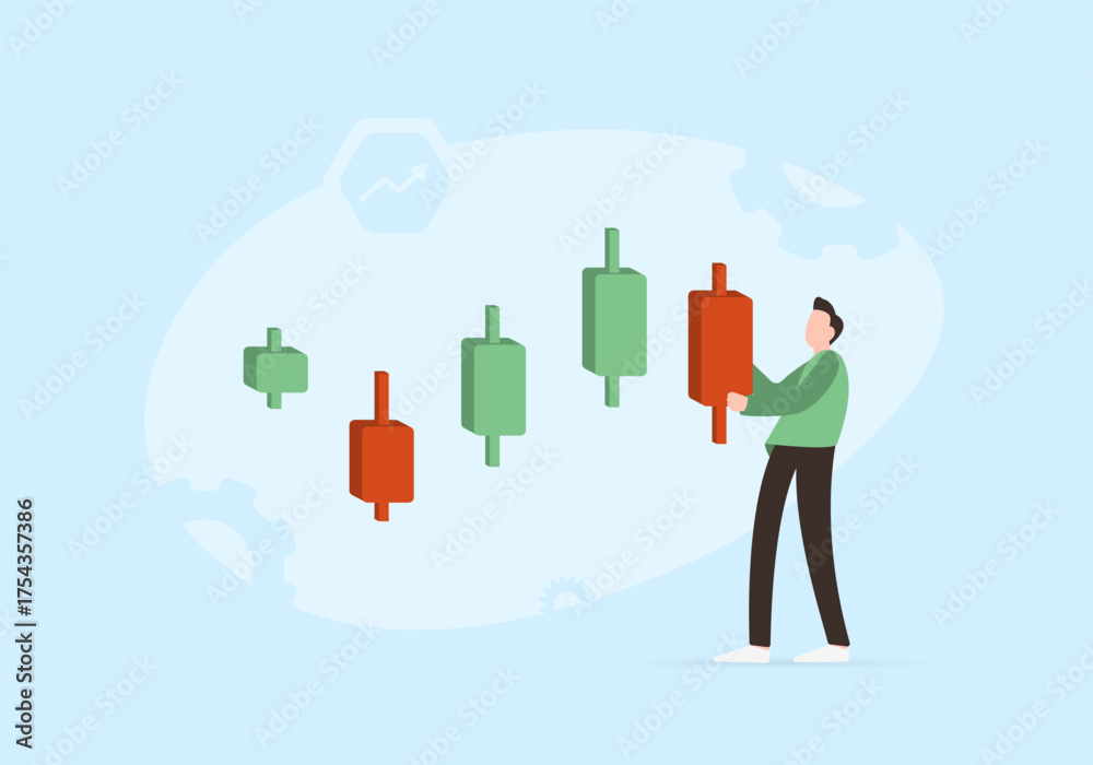 Naklejka premium Candlestick chart with trading analysis and stock market growth for investment strategy and profit. Candlestick chart with bullish trend and financial data for trading performance vector illustration