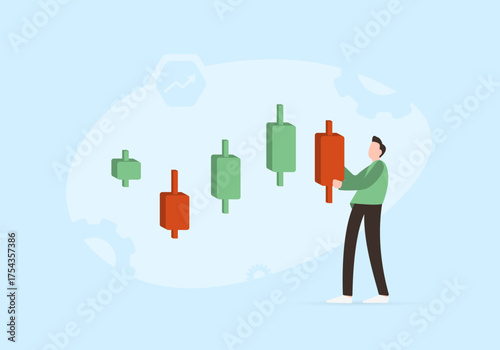 Candlestick chart - investor or market maker holding bullish red bar amid rising green trends and growth arrow. Profitable trading strategies in volatility financial markets. Vector illustration