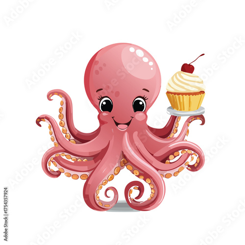 Smiling octopus presents cherry cupcake treat