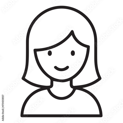 Simple line drawing icon of a smiling woman head and shoulders icon