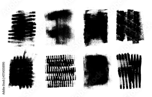 Paint Roller Texture Set. Grunge stamps of black paint roller textures and marks. Paint brayer smears. Linocut effect. Vintage letterpress for overlays texture. Ink brayer smears. Vector graphic set