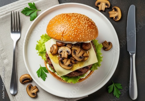 Mushroom Swiss Burger with Sautéed Mushrooms on Sesame Bun — Gourmet Cheeseburger