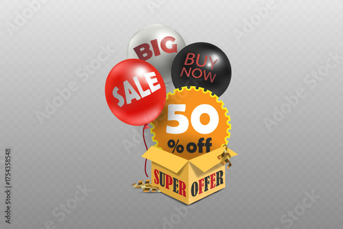 Buy now special offer box with sale balloons and discount label.