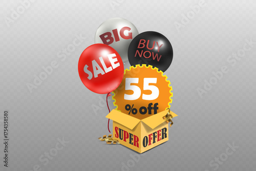 Buy now special offer box with sale balloons and discount label.