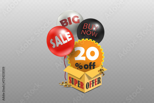 Buy now special offer box with sale balloons and discount label.