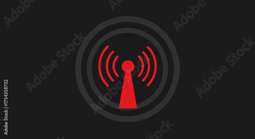 Red Communication Tower Icon with Signal Waves on Dark Background.