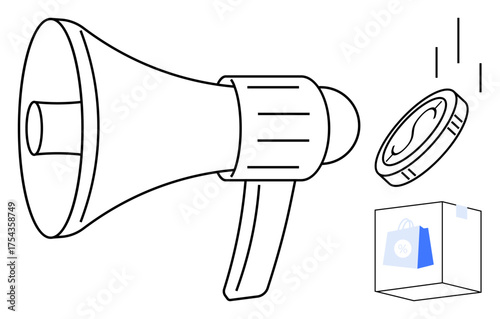 Megaphone amplifying message with falling coin and shopping bag in box. Ideal for marketing, e-commerce, shopping, advertising, promotion, communication, branding. Simple flat metaphor