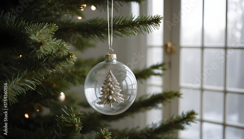 Close up of a clear glass Christmas ornament with a miniature tree inside, hanging on a festive pine branch