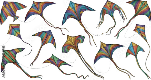 Create Colorful flying kites set isolated on transparent background, png. Photorealistic colorful kite cliparts collection on white Background.