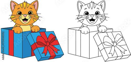 Cute Cartoon Kitten in a Gift Box - Adorable Orange Cat Surprise with Red Bow Present - Black and White Outline for Coloring Book