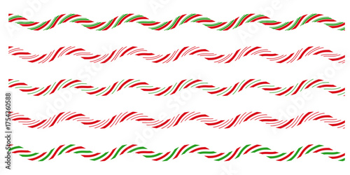  Wavy candy cane striped peppermint borders in festive colors. Winter decoration.