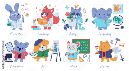 Cute animals geography, biology, math and art, history, computing language and chemistry scientist vector cartoon set