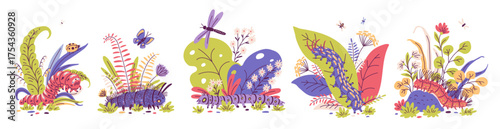 Cartoon caterpillars on floral background vector set, cute bug worm insect crawling doodle drawn with flowers and plants