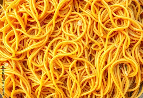 A tangled mass of cooked spaghetti, golden brown, filling the frame,   pasta texture,   cooked spaghetti