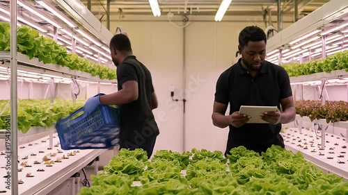 Two Farmers Harvest Fresh Lettuce In A Modern Hydroponic Greenhouse