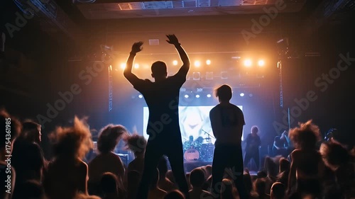 Two People Jumping at Concert Crowd Energetic Stage Lights Dark Atmosphere