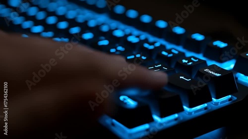 Typing On Illuminated Keyboard Blue Glow Realistic Video