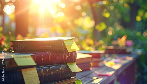 Vintage Books on a Wooden Bench in a Sunny Garden.