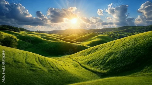 Vibrant Green Hills Under Bright Sunrise with Fluffy Clouds and Serene Landscape
