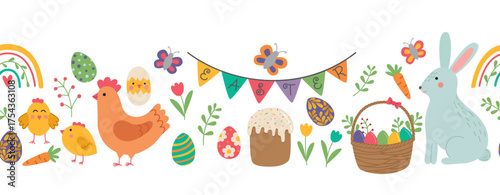 Seamless border with rabbit, chicken, chicks, easter cake, flowers, leaves and eggs. Horizontal background with cute Easter elements