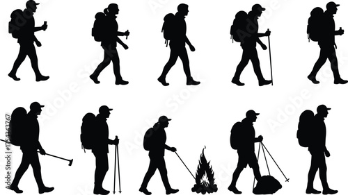 Hiking silhouette vector, outdoor adventure poses, camping activity icons, trekking gear, wilderness exploration, backpack travel, nature journey, survival concept illustration