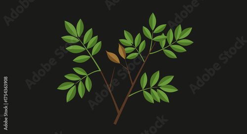 Stylized Tree Branch with Green Leaves and Brown Autumnal Leaves.